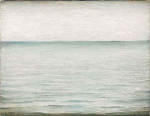 A minimalist seascape painting, with a simple horizon line dividing the pale sky and calm water.