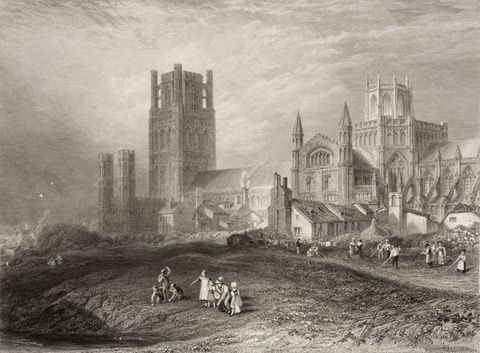 A black-and-white engraving of a Gothic-style cathedral with multiple towers. People are seen working in a field in the foreground.
